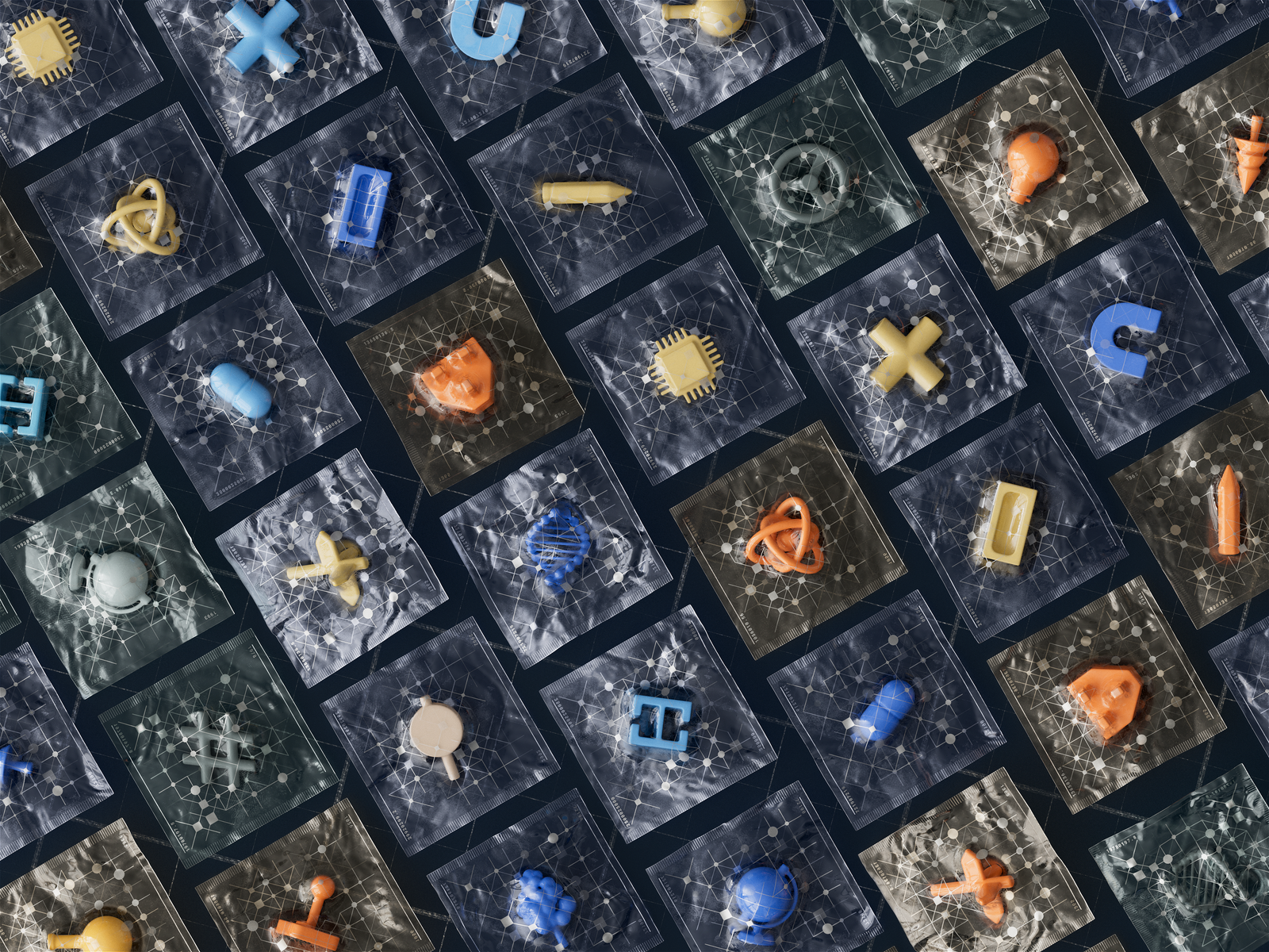 Abstract 3D render of a colorful grid of icons representing the wide range of applied AI use cases across sectors